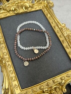 Women's Two-Piece White and Purplish Taupe Crystal Beaded Bracelets